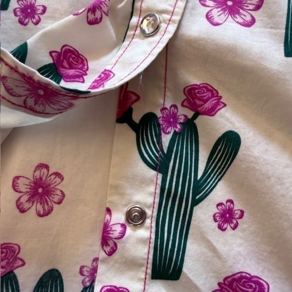 Cowgirl Hardware Cactus Floral Pearl Snap Western Shirt Pink Rhinestone Womens L - Picture 6 of 9